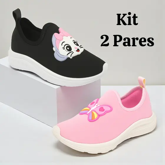 Kit 2 Pares Tênis Infantil Menina Confortável Calce Fácil Macio e Antiderrapante