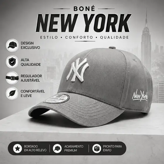 Boné New York Premium NY Bordado Alto Relevo Aba Curva Ajustável Unissex Masculino Feminino