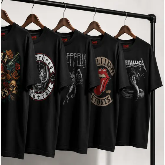 Camisa Masculina Algodão Banda de Rock Guns n Roses Rolling Stones Metalica Led Zeppelin Motorhead