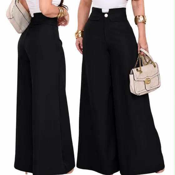 Calça Feminina Pantalona Wide Leg Cós Alto Alfaiataria Premium Alta Cobertura e Botão Metal