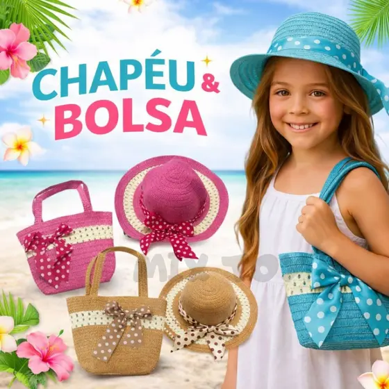 Chapéu + Bolsinha Kit Moda Praia Infantil Piscina Passeio