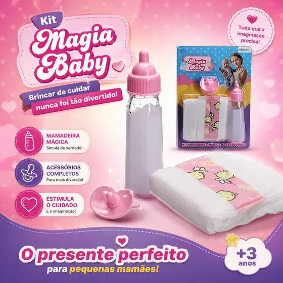 Kit Mamadeira Mágica com Leite Artificial Chupeta e Fralda Brinquedo