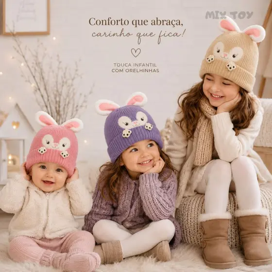 Touca Infantil Forro de Pelúcia Coehinha Gorro de Frio 1 a 7 anos 1480