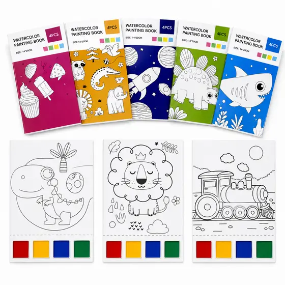 kit Livro de Pintura Aquarela Com Pincel e 4 folhas Para Colorir com Tinta Guache
