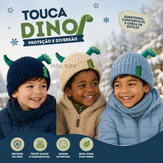 Touca Infantil Dino Gorro Quentinho Pelúcia de Frio Inverno 1479