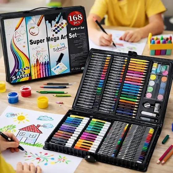 Estojo Maleta Pintura Infantil 168 Peças Canetinha  Giz de cera Lápis de Cor  Desenhos