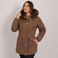 Casaco Feminino Parka Forrada Pelinho Capuz com Bolsinho Inverno