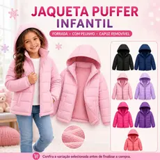Jaqueta Puffer Infantil Feminina Bobojaco Pelinho Forrada Capuz Removivel Frio Intenso