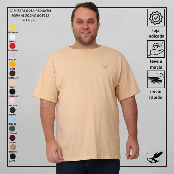 Camiseta Plus Size Gola Redonda G1 G2 G3 Maculina Básica 100% Algodão Premium