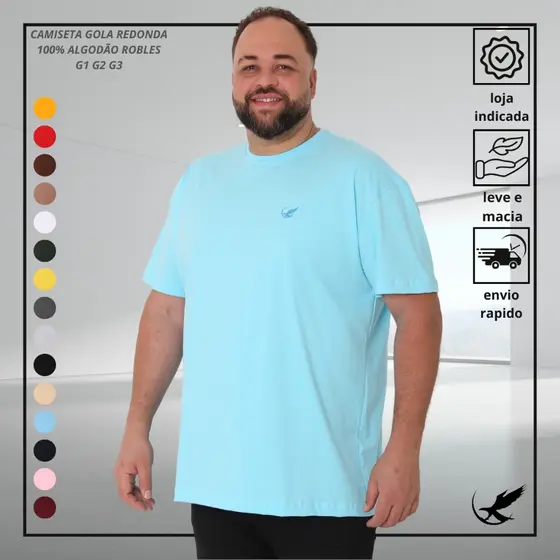 Camiseta Básica Masculina Plus Size G1 G2 G3 Slim 100% Algodão Original ROBLES Gola Redonda