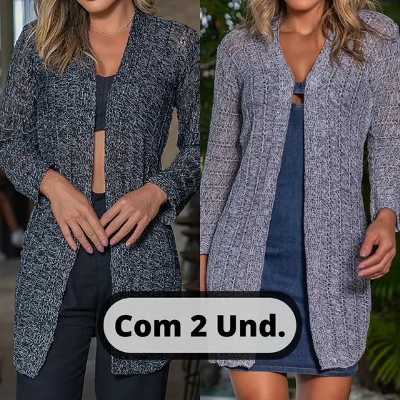 Kit 2 unidades Cardigan Tricot Aberto Casaquinho Manga Longa
