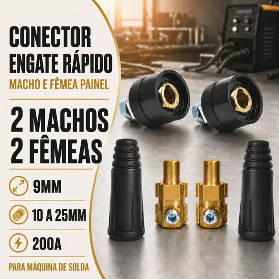 Kit 2 Conector Engate Rápido Macho e 2 Fêmea Painel 9mm 10 a 25mm 200a Para Máquina de Solda