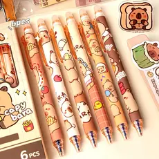 Kit 6 Canetas Gel Apagável Capivara Filó Papelaria Fofa Kawaii Escrita Desenho Animado Escrita Preta Azul