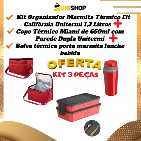 Kit Bolsa Térmica Porta Marmita Lanche Bebida + Organizador Marmita Térmico Fit +Copo Térmico Miami de 650ml com Parede