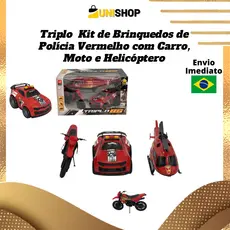 Triplo Kit de Brinquedos de Polícia Vermelho com Carro, Moto e Helicóptero
