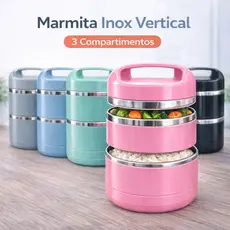 Lancheira Vertical Inox 1080ml 3 Compartimentos Linha Premium - Marmita Portátil com Tampa e Alça