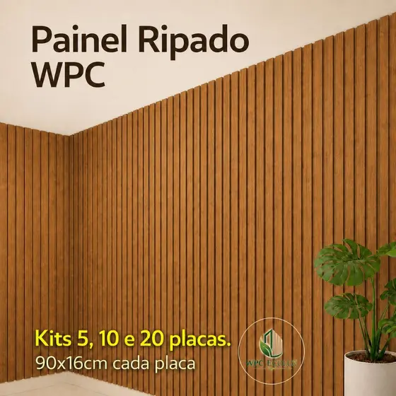 Painel Ripado WPC Kit com 5 10 ou 20 Placas - Interno Impermeável Anti-Fogo Ambientes