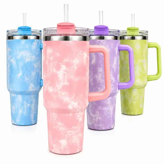 Copo Térmico Marmorizado Degradê 1200ml Com Alça Tampa E Canudo Aço Inox