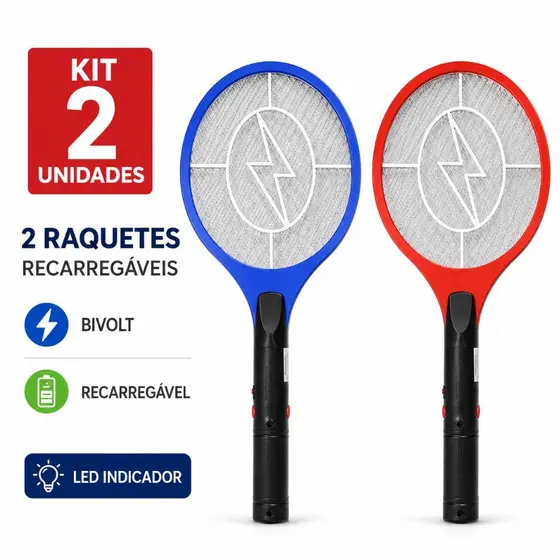 Kit 2 Raquete Elétrica Mata Mosquito Pernilongo Mosca Recarregável Bivolt