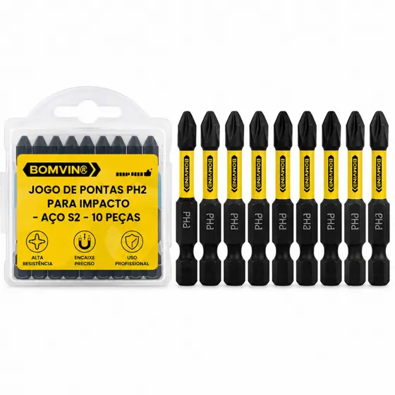 Jogo De Pontas Phillips PH2 Para Impacto Aço S2 10 Peças