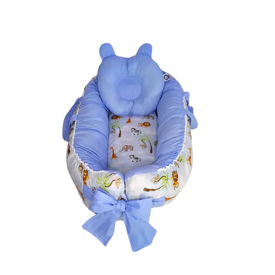 NINHO REDUTOR DE BERÇO BEBE SAFARI AZUL MENINO + TRAVESSEIRO ANATOMICO