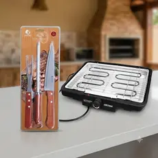 Kit Presente Dia Pais: Churrasqueira Elétrica 127V + Jogo Churrasco Faca Garfo Chaira Inox Premium