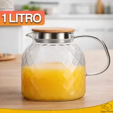 Jarra de Vidro Borossilicato 1L Com Tampa de Bambu Vedação Inox Garrafa Água Suco Luxo
