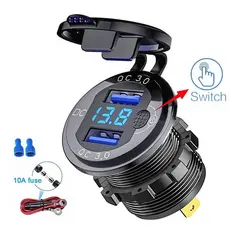QC 3.0 36W Tomada Para Carregador De Carro De Carga Rápida USB Dupla Com Interruptor Voltímetro Barco ATV De Motocicleta 12V/24