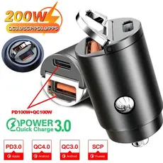 Mini 200W PD QC Puxar Anel De Carregamento Rápido Carregador Carro USB C Adaptador Telefone Do Para iPhone 13 12 Xiaomi