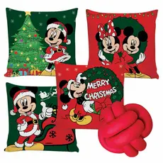 Kit 4 Capas de Almofadas Decorativas 45x45cm + Almofada de Nó Quarto Sala Minnie e Mickey de Natal