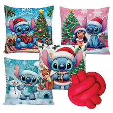 Kit 4 Capas de Almofadas Decorativas 45x45cm + Almofada de Nó Quarto Sala Decoração Stitch de Natal