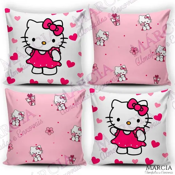 Kit 4 Capa para Almofada Fronha Quarto Sala Decorativas Zíper 0.45x0.45cm Infantil Hello Kitty