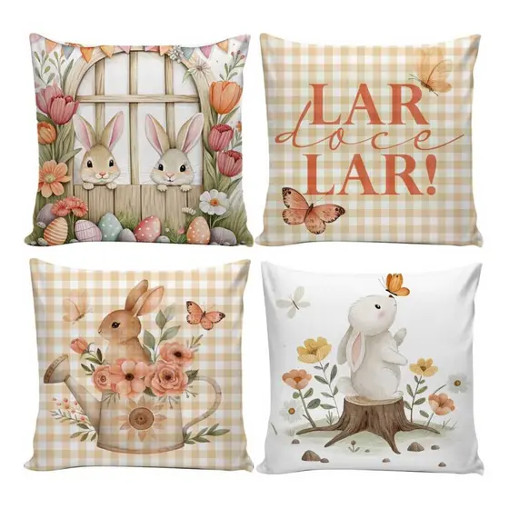 Kit 4 Capas de Almofadas Decorativas 45x45cm de Páscoa para Sala Quarto e Decoração Coelho de Páscoa