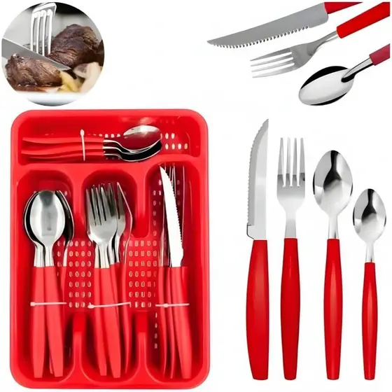 Conjunto de Talheres em Aço Inox com Cabo Vermelho - 25 Peças com Porta-Talher