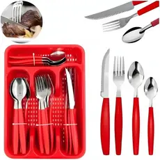 Conjunto de Talheres em Aço Inox com Cabo Vermelho - 25 Peças com Porta-Talher