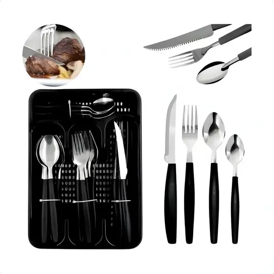 Conjunto de Talheres em Aço Inox com Cabo Preto - 25 Peças com Porta-Talher