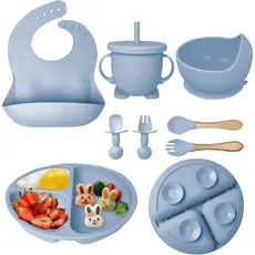 Talheres bebê silicone 8 Peças kit Talheres Infantil Com Ventosa Canudo Colher Babador Garfo Introdução Alimentar