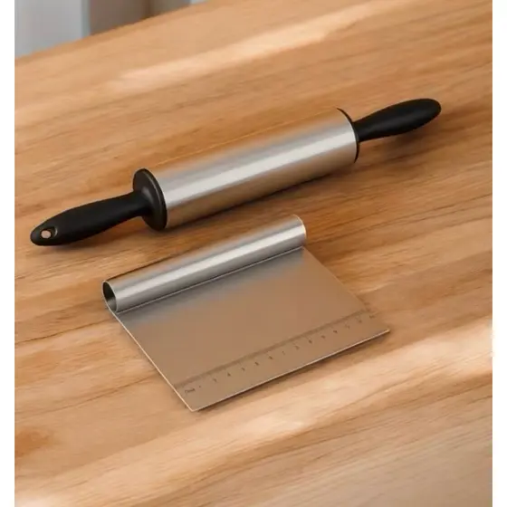 Kit Rolo de Massa Giratório de Inox e Espátula Profissional para Pães Massas Salgados