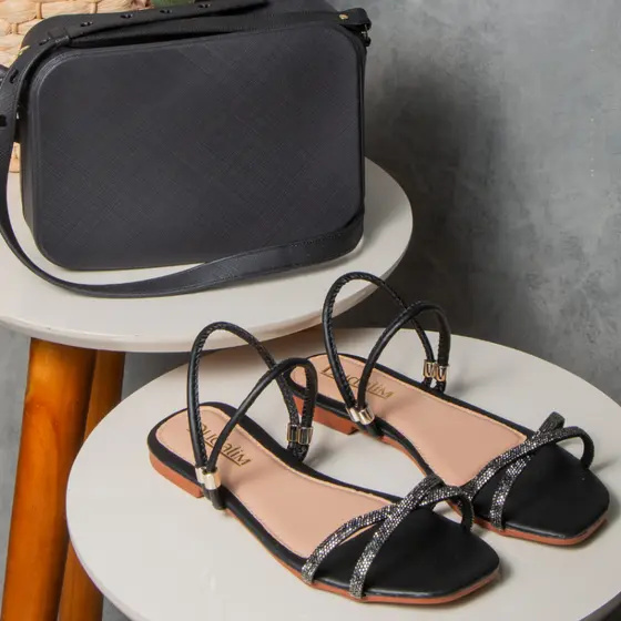 Kit Sandalia Rasteira Brilho Strass + Bolsa Transversal de Ombro Feminina