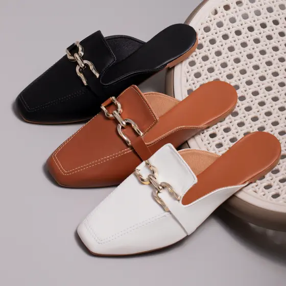 Mule Feminino Confortável Sapato Bico Quadrado Rasteira Moda Sapatilha Aberta