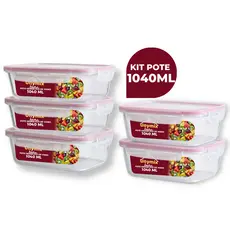 Kit 3/5/10 Potes Vidro Hermético 1040ml Retangular 4 Travas Transparente Premium