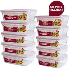 Kit 3/5/10 Potes Vidro Hermético 1040ml Retangular 4 Travas Marmita Premium