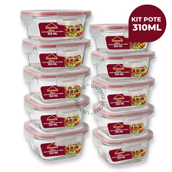 Kit 10 ou 5 Potes Vidro Herméticos  310ml  Quadrado Com Tampa - 4 Travas Premium