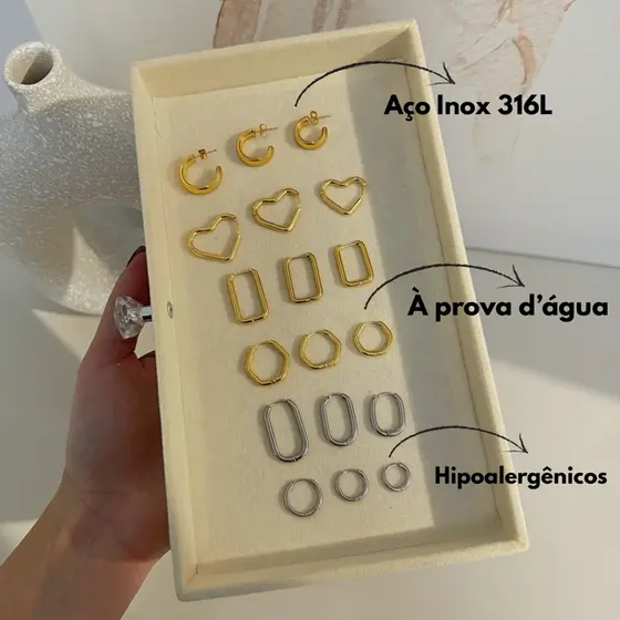 Trio 6 pares de brincos Aço Inox 316L À prova d’água Hipoalergênicos Feminina Clássicos Leves