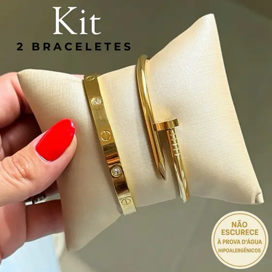Kit Braceletes Aço Inoxidável À prova d’água Não Escurece Modelo Cravejado e Prego Moda Blogueira