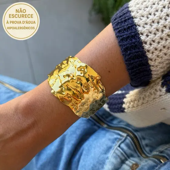 Bracelete Feminino Dourado Aço Inox Largo Max Moderno À Prova d’Água Não Escurece Presente