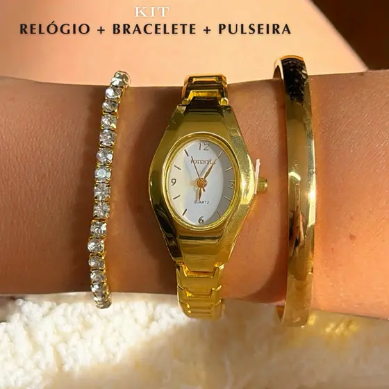 Kit Relógio + Bracelete Aço Inox À prova d’água Bateria 377 Elegante Clássico Presente Mulher