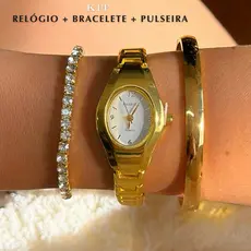 Kit Relógio + Bracelete Aço Inox À prova d’água Bateria 377 Elegante Clássico Presente Mulher