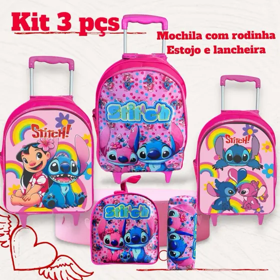 Kit Escolar 3 Peças Mochila Infantil com Carrinho com Rodinhas + Lancheira + Estojo Volta às Aulas e Stitch