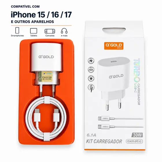 Carregador A Gold 30W Carga Rápida + Fonte + USB-C ou Cabo Lightning | Compatível com iPhone e Android